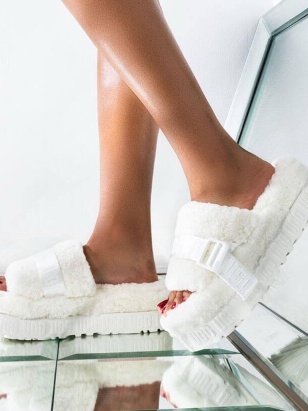 UGG White Fuzzy Slide Mules with Adjustable Strap